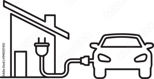 Electric car connected to house power plug line icon isolated. Concept for home EV charging station, eco friendly vehicle battery recharge, green energy garage and sustainable transportation