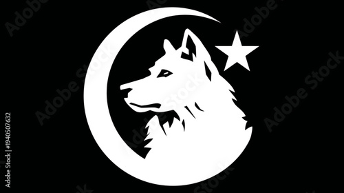 Stylized wolf head silhouette with crescent moon and star emblem on black background, powerful animal symbol graphic design