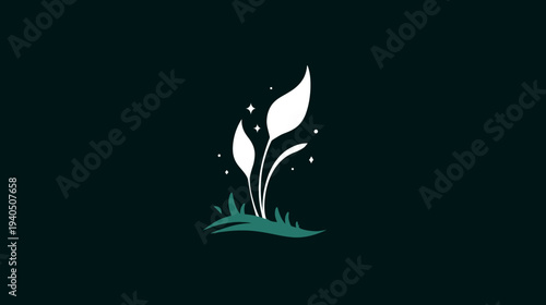 Elegant illustration of a sprouting plant with shimmering elements on a dark background