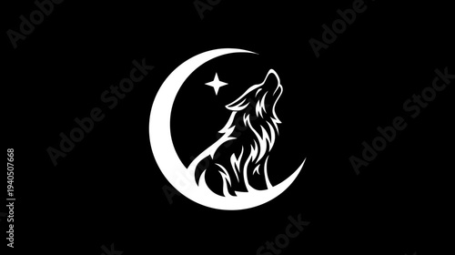 Majestic wolf howling at a star next to a crescent moon, a powerful black and white graphic design logo or emblem silhouette.