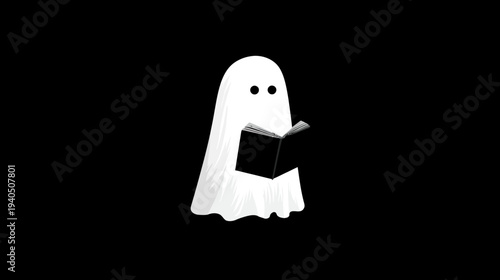 Friendly white ghost holding an open book, a charming cartoon character for Halloween, spooky stories, and learning concepts.