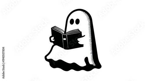 Friendly cartoon ghost reading an open book, whimsical black and white illustration of a phantom enjoying literature and learning.