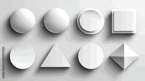 Elegant White 3D Geometric Shapes Set with Subtle Shadows, Modern Abstract Design Elements for Backgrounds and Graphics