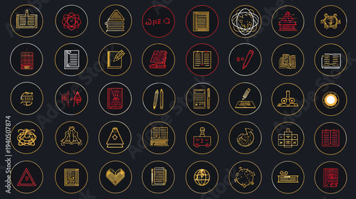 Collection of vintage knowledge, literature, education, history, and legal icons in metallic gold and silver on a dark background.