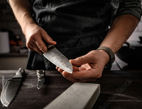 Принти на полотні Man cheking a knife after using sharpen stone tool