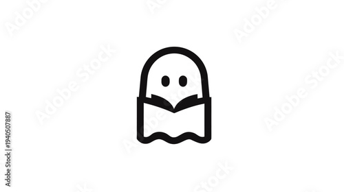 Simple black outline ghost character vector illustration, isolated on a white background, perfect for spooky designs, Halloween, and digital elements.