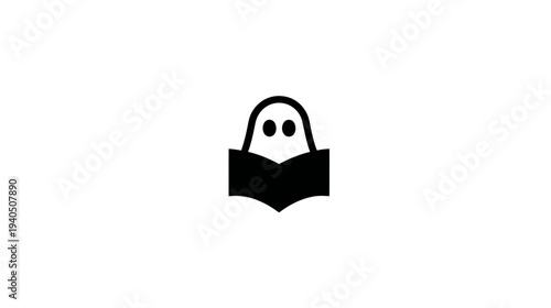 Minimalist Ghost Reading Book Icon. Cute spectral character studying literature, knowledge, and education. Flat design illustration.