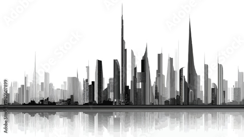 Modern City Skyline Silhouette Illustration with Tall Skyscrapers and Water Reflection, Abstract Urban Landscape