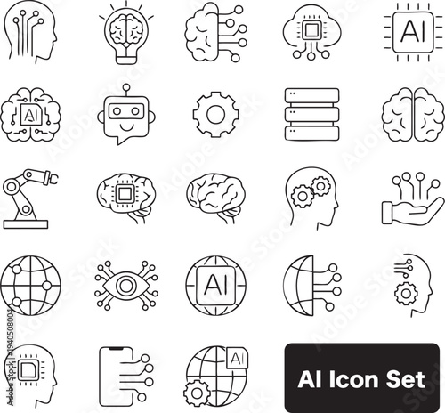 Collection of twenty artificial intelligence icons representing various aspects of ai technology and machine learning in simple black and white line art style