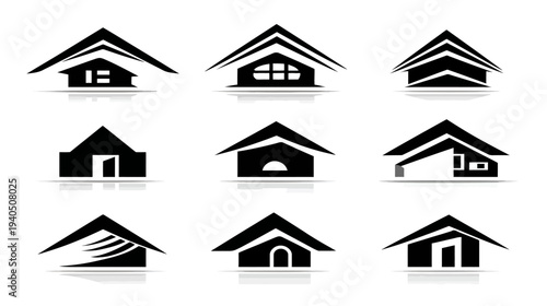 Modern generic house and building roof silhouette icons set. Abstract property logos and real estate symbols for graphic design projects.