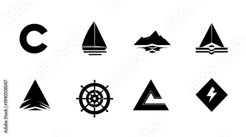 Diverse vector logo icons set featuring sailboat, mountains, ship's wheel, lightning bolt, and geometric shapes.