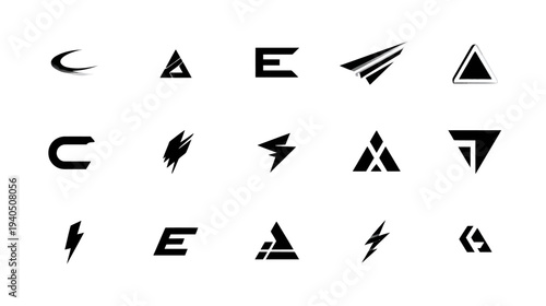 Collection of diverse abstract geometric vector logos, modern minimalist icons, swift arrow, lightning bolt, and letter-based branding symbols for design projects.