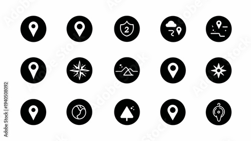 Set of black location pins, map markers, navigation, and outdoor activity icons. Minimalist graphic design elements for travel and discovery.