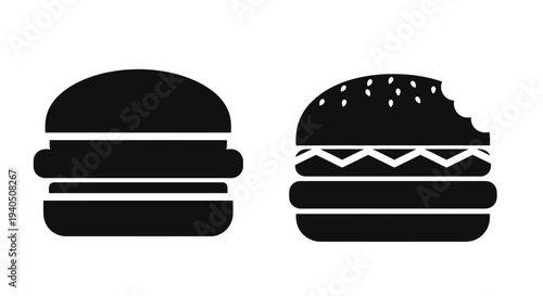 Two black burger icons one with a bite taken out silhouette