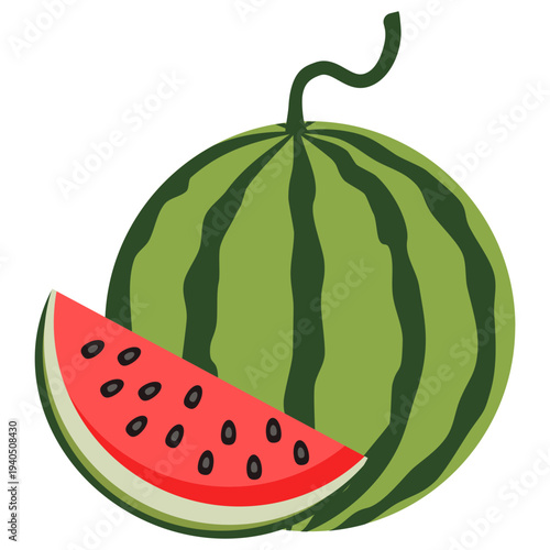 Refreshing Watermelon Slice Next to a Whole Fruit, a Perfect Summer Treat Illustration