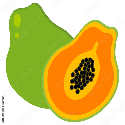 Fresh Papaya Still Life Whole and Sliced Tropical Fruit Composition, Vibrant Color Palette