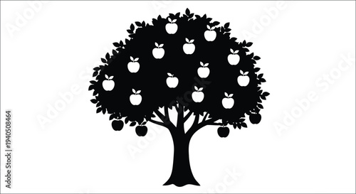 A full apple tree with ripe fruit depicted as a silhouette