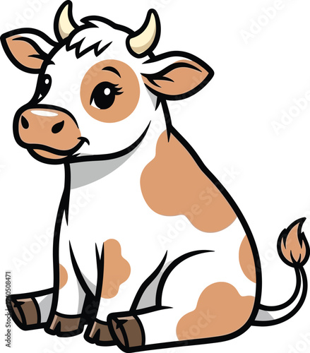 A cartoon cow sitting on the ground with a friendly expression
