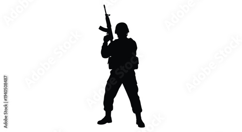 Soldier standing with rifle full body view dark outline silhouette