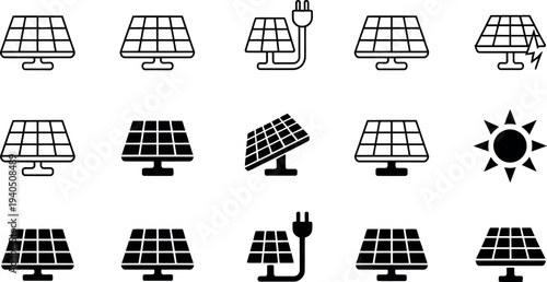 Solar panels and sun symbols in various configurations
