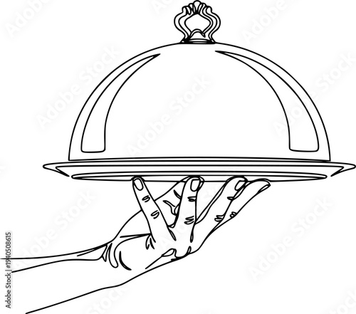 Hand holding food cloche serving platter one line drawing
