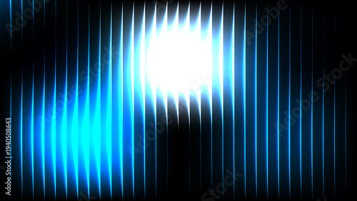 Abstract Futuristic Glass Blue Neon Glow Wave with Vertical Light Stripes, Gradient Technology Background