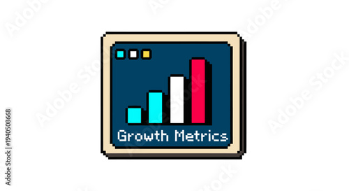 Digital icon featuring a bar chart on a screen with 'Growth Metrics' text, symbolizing business analytics, financial progress, and performance tracking.