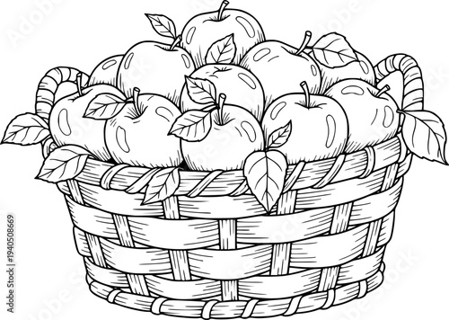 A simple black outline drawing of a woven basket overflowing with fresh whole apples and small leaves