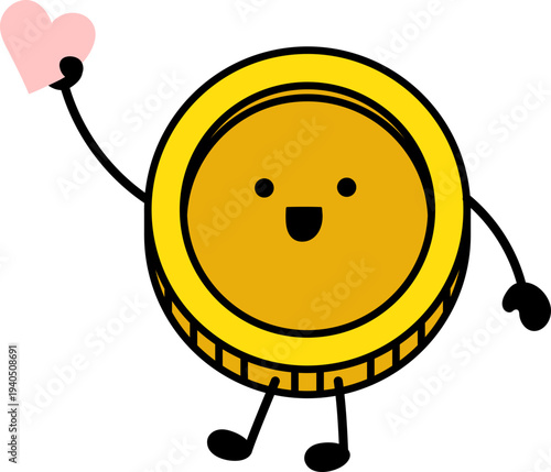 Happy gold coin money cartoon character holding heart illustration