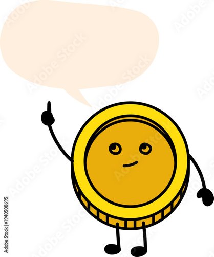 Gold coin money cartoon character with speech bubble illustration