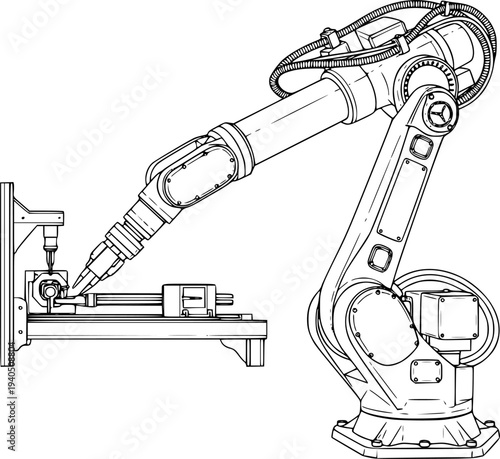 Detailed line drawing of a sophisticated industrial robotic arm