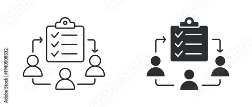 Team workflow icon set, checklist task management collaboration symbol, in outline and solid silhouette style. Vector illustration.