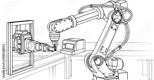 Detailed line drawing of a sophisticated industrial robotic arm