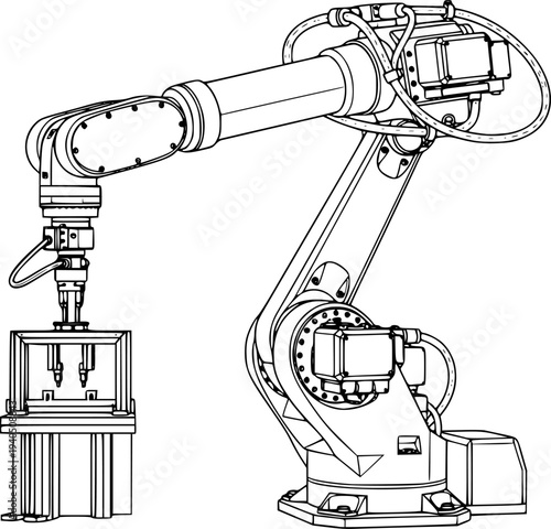 Detailed line drawing of a sophisticated industrial robotic arm