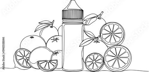 Modern continuous line drawing of an ejuice bottle with assorted citrus fruits