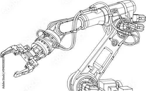 Detailed line drawing of a sophisticated industrial robotic arm