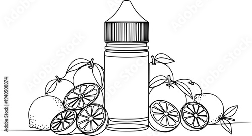 Modern continuous line drawing of an ejuice bottle with assorted citrus fruits