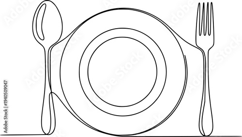 Continuous line drawing of a spoon plate and fork