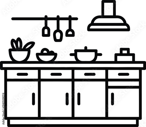 Black line kitchen counter icon with utensils and appliances