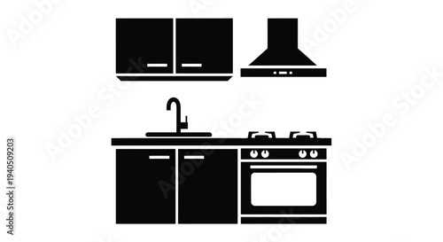 Minimalist kitchen appliances and fixtures in a black silhouette