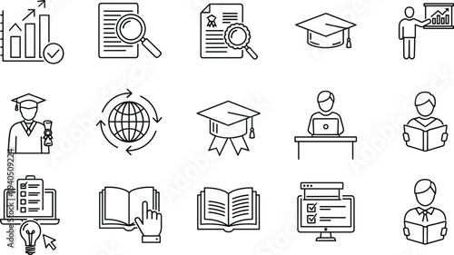 Education and Online Learning Icon Set Featuring Graduation Caps, Digital Exams, Student Studying, Global Knowledge, Research, and Academic Career Growth