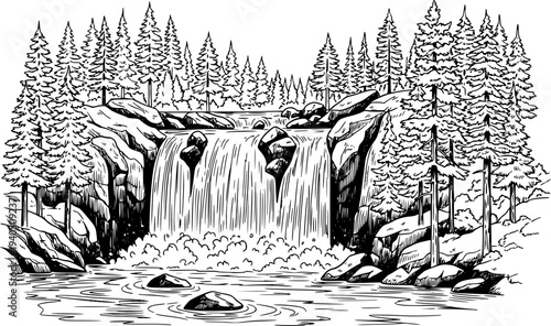 Black and white sketch of a forest waterfall cascading over rocks surrounded by pine trees