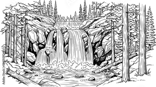 Black and white sketch of a forest waterfall cascading over rocks surrounded by pine trees