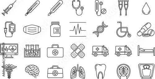 Medical healthcare line icon set featuring hospital equipment ambulance first aid kit stethoscope medicine brain lungs tooth and clinical laboratory symbols