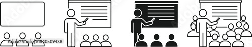 Presentation and Training Icon Set Featuring Teacher Giving a Lecture to Students, Business Seminar, Classroom Workshop, Mentoring, and Corporate Education Symbols