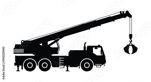 A stark black silhouette of a mobile crane with a grappling hook showcasing industrial strength and precision silhouette high quality professional