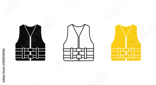 Three life vests in varying colors a distinct silhouette