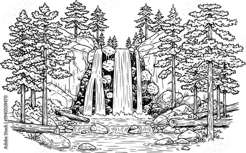 Black and white sketch of a forest waterfall cascading over rocks surrounded by pine trees