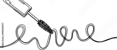 Continuous line drawing of a mascara wand pulling a black wavy line and looping patterns