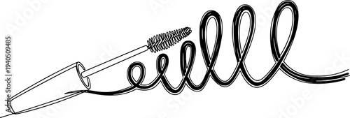 Continuous line drawing of a mascara wand pulling a black wavy line and looping patterns